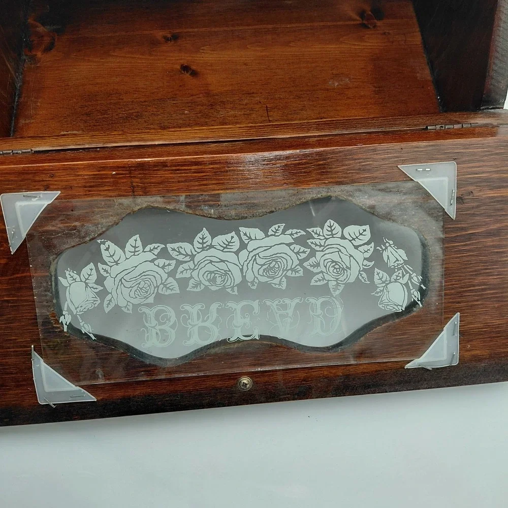 Vtg Wood Bread Box Roses Stenciled Glass Face Farmhouse Breadbox Cottagecore